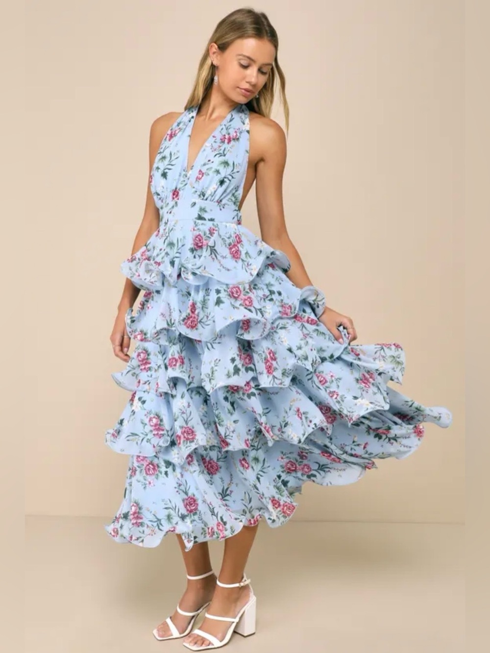 Gorgeous Light Blue Floral Tiered Halter Midi dress NWT Size Large